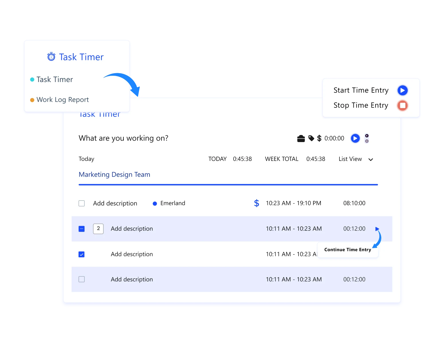 one click task timer dashboard